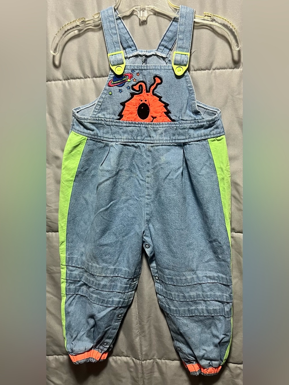 Vintage 90s Buster Brown Alien Space Denim Overalls Toddler 3T Neon USA